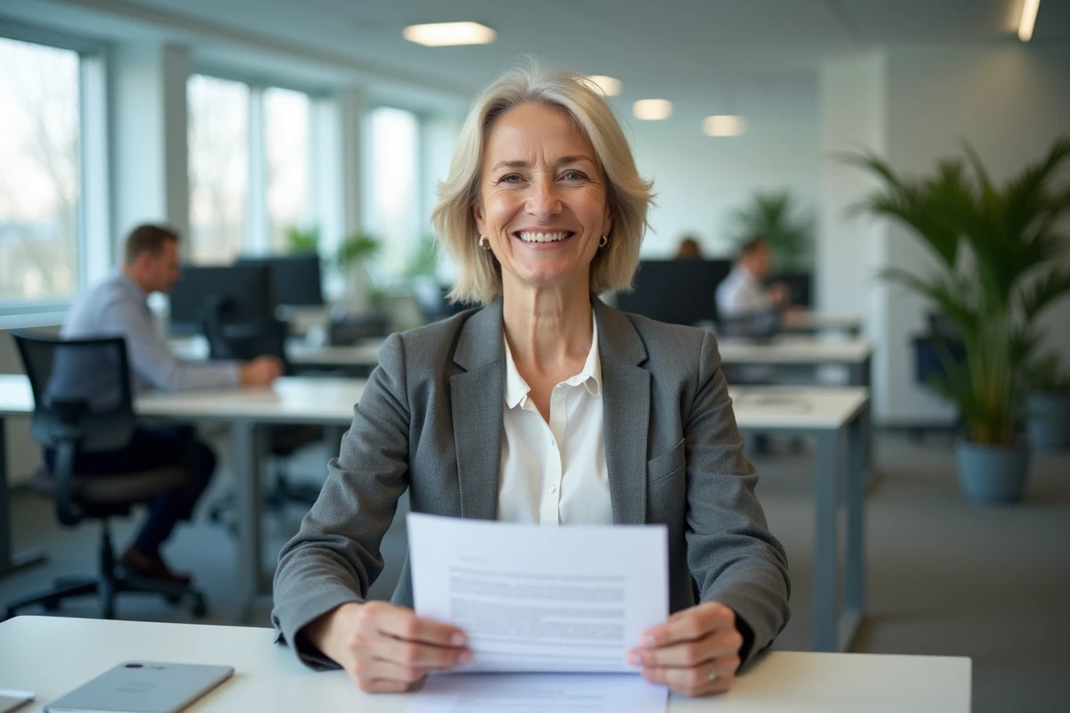 Fonctionnaire femme relisant sa lettre de demande de retraite dans un bureau administratif moderne