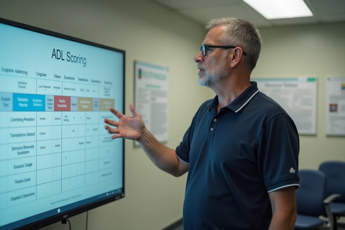 Formateur soignant présentant une grille de score ADL sur écran lors d'une session de formation rapide