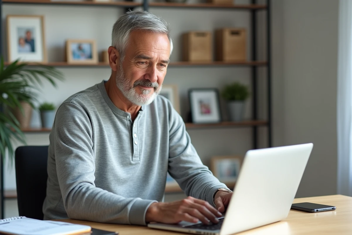 Un homme organise les services à la personne pour un proche âgé depuis son bureau à domicile grâce à une plateforme numérique