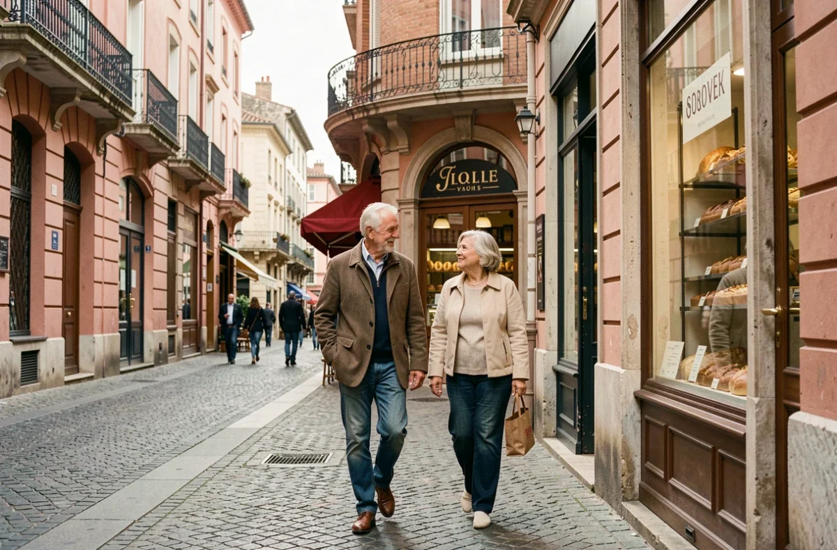 Couple de seniors se promenant en centre-ville de Toulouse, près de la résidence Les Girandières