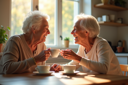 Grand-mère et petite fille partageant un thé dans la cuisine