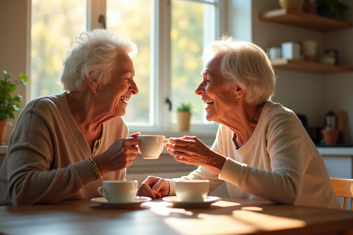 Grand-mère et petite fille partageant un thé dans la cuisine