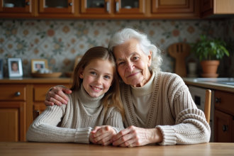 Sourire d'une grand-mère et sa petite fille dans la cuisine