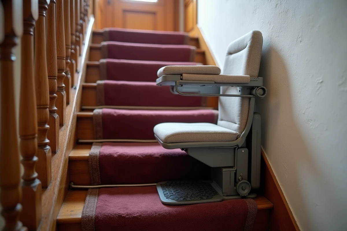 Gros plan sur un monte escalier mobile posé sur un escalier en bois dans un appartement ancien, sans travaux d'installation