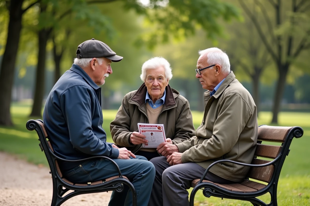 Groupe d'anciens combattants discutant de leur retraite mutualiste dans un parc public