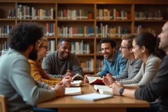 Groupe divers de personnes lisant dans une bibliothèque chaleureuse