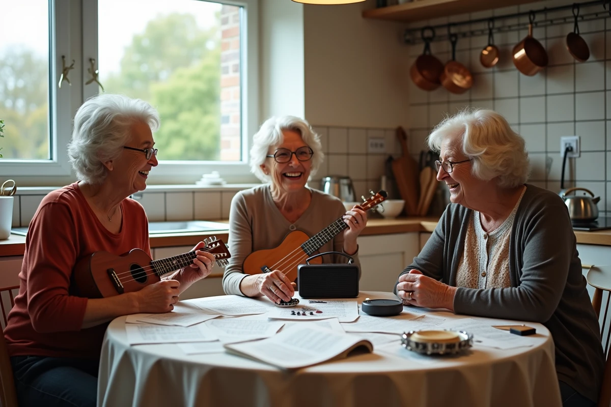 Groupe de retraités faisant de la musique ensemble autour d'une table de cuisine conviviale avec partitions et instruments