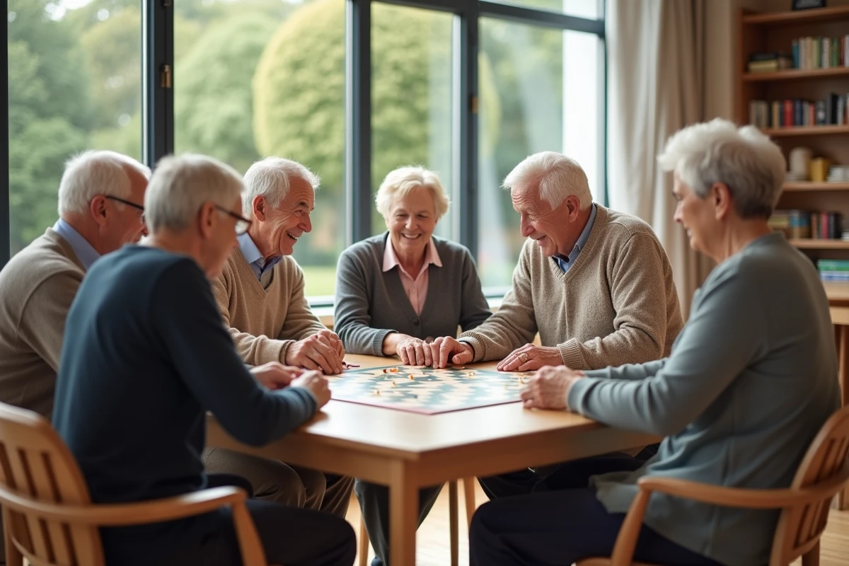 Groupe de seniors jouant à un jeu de société dans un salon