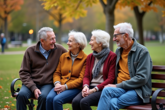 Quatre seniors souriants dans un parc en automne