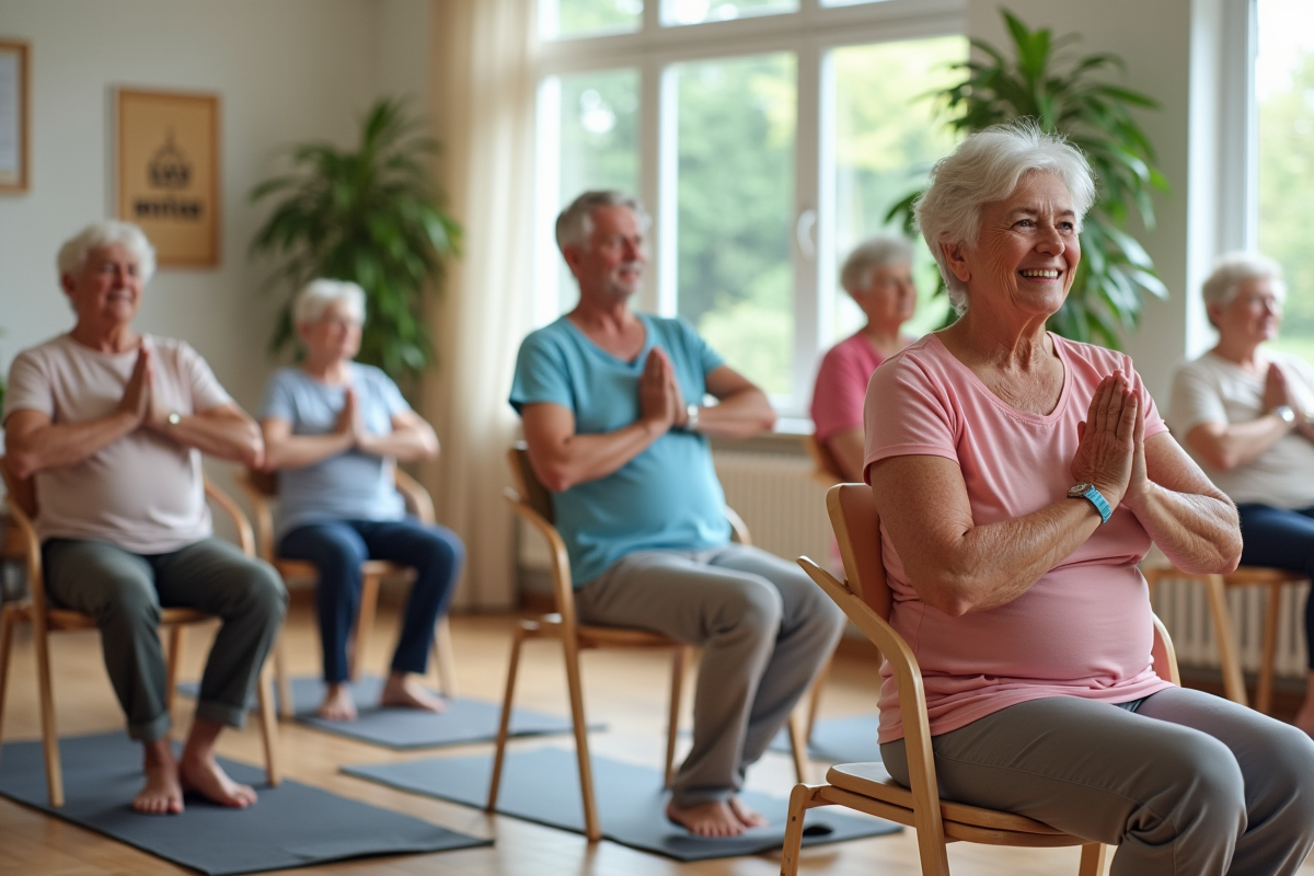 Groupe de seniors pratiquant le yoga en intérieur lumineux