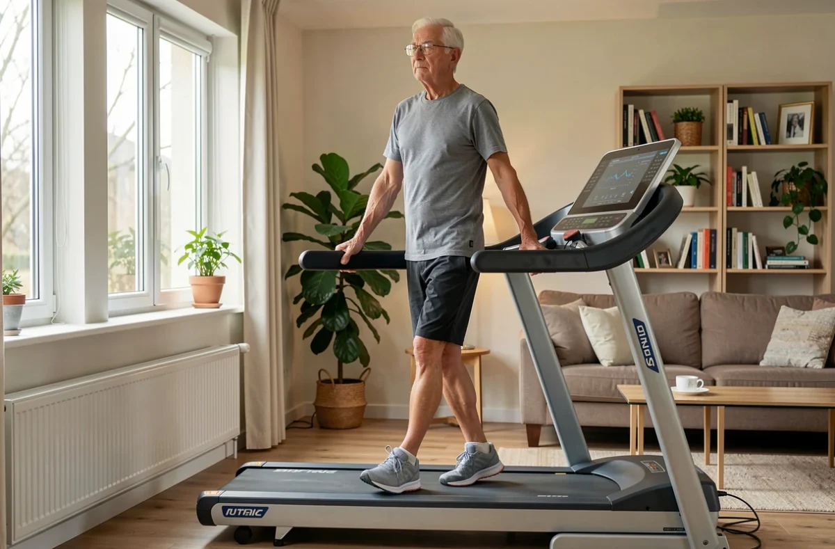 Homme âgé marchant sur un tapis, mains posées sur les barres d'appui