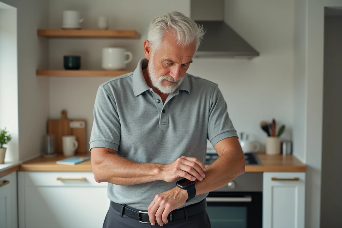 Homme âgé consultant une montre connectée dans sa cuisine, autonomie et technologie senior