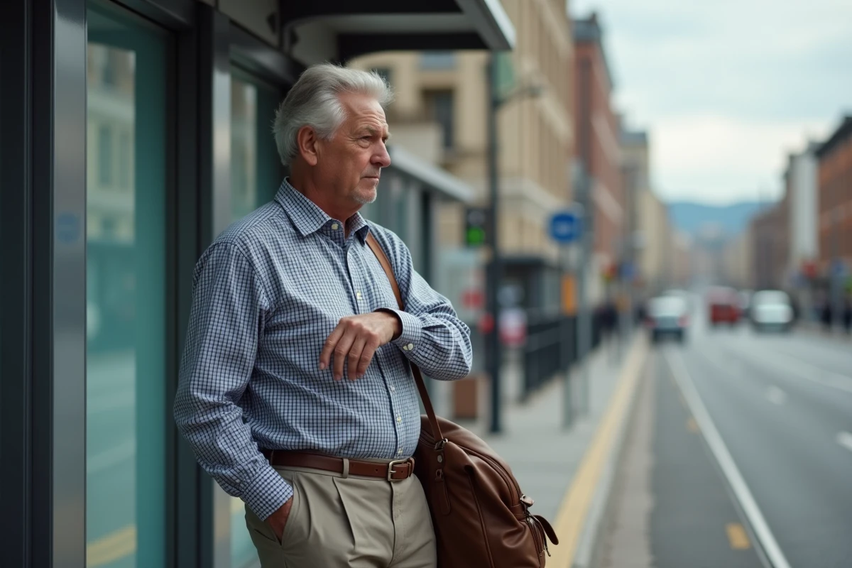 Homme vérifiant son horloge à un arrêt de tram dans la ville