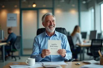 Homme d age souriant au bureau avec carte d anniversaire