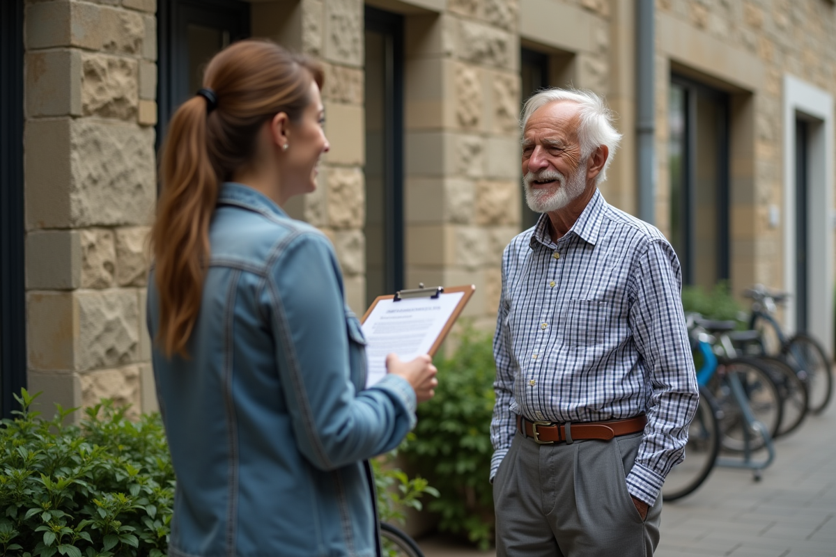 Homme âgé parlant avec une assistante sociale devant un centre