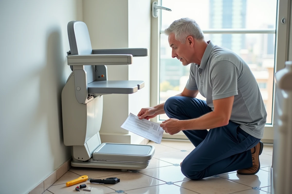 Homme installant un monte escaliers portable et consultant le manuel dans un appartement moderne