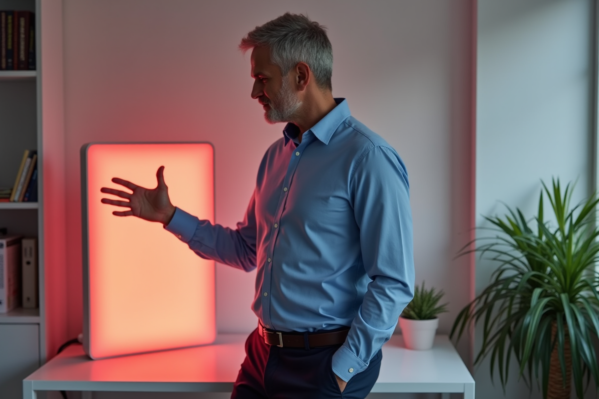 Homme dans un bureau avec lampe de thérapie rouge en main