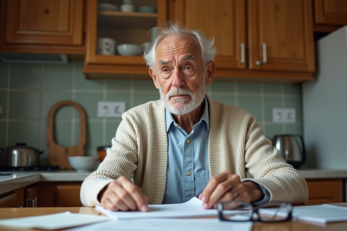 Homme âgé lisant des documents à la cuisine