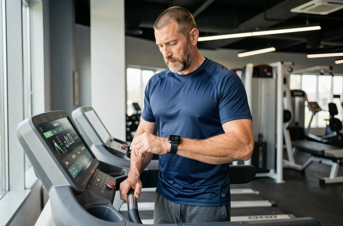 Homme d'âge moyen consultant sa montre connectée sur un tapis de marche en salle de sport