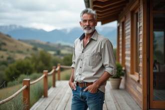 Homme d age en plein air avec paysage patagonien