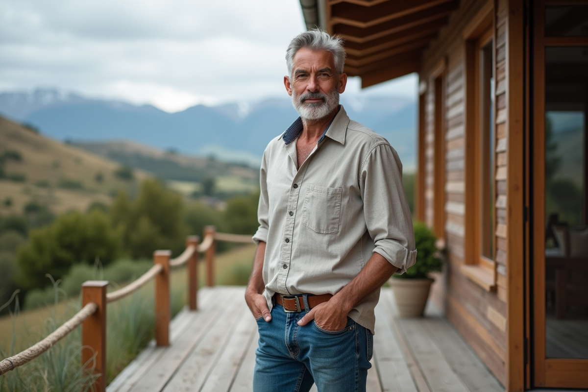 Homme d age en plein air avec paysage patagonien