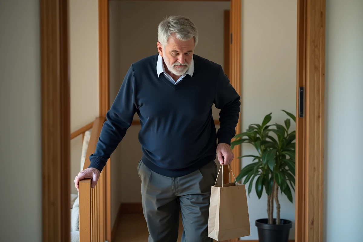 Homme d age moyen portant sac de courses dans l entree