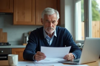 Homme d'une soixantaine d'années regarde des offres d'emploi dans sa cuisine