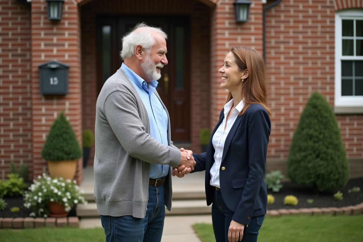 Homme d age serrant la main d une femme devant maison