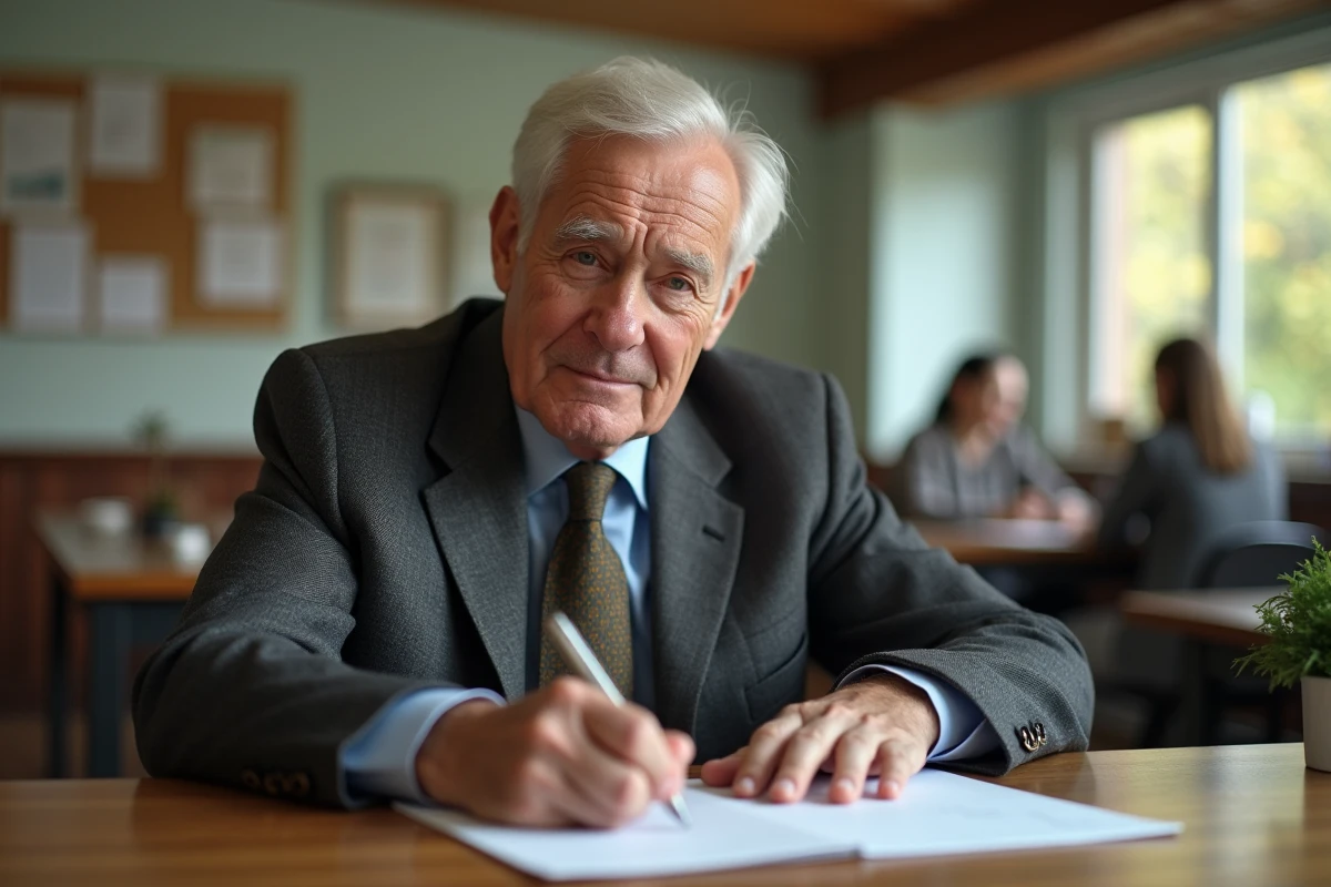 Homme âgé écrivant un message de retraite dans une salle communautaire