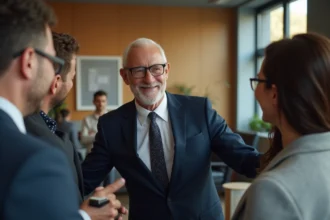 Homme de 70 ans en costume navy lors d'une célébration