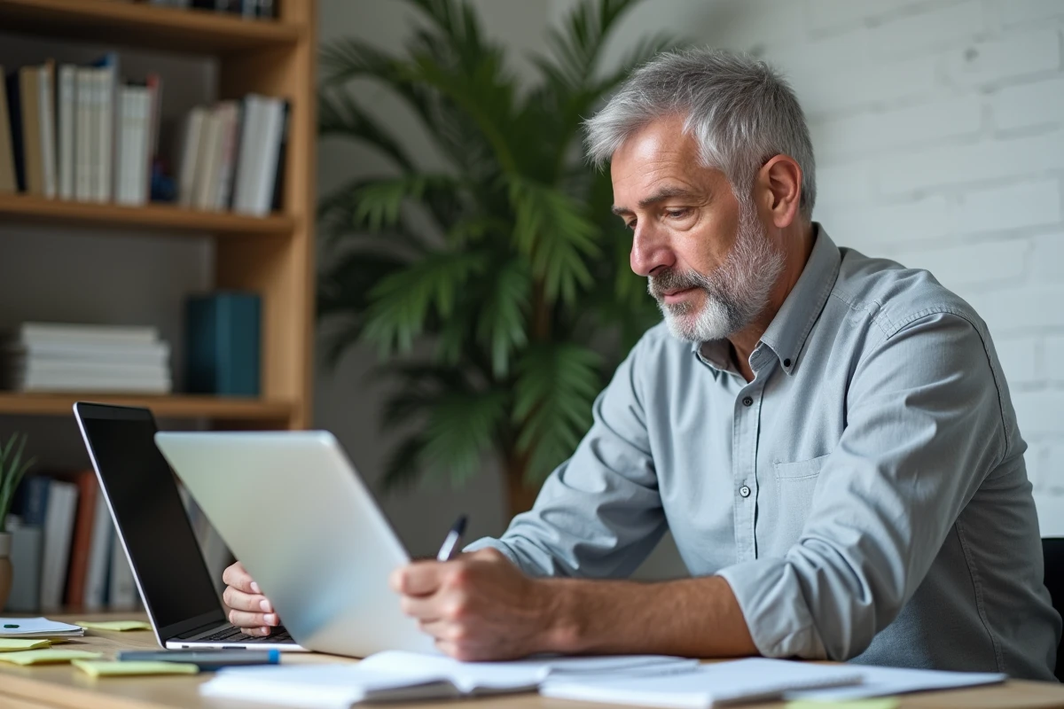 Homme consultant son relevé de retraite complémentaire Agirc-Arrco sur ordinateur portable dans un bureau à domicile