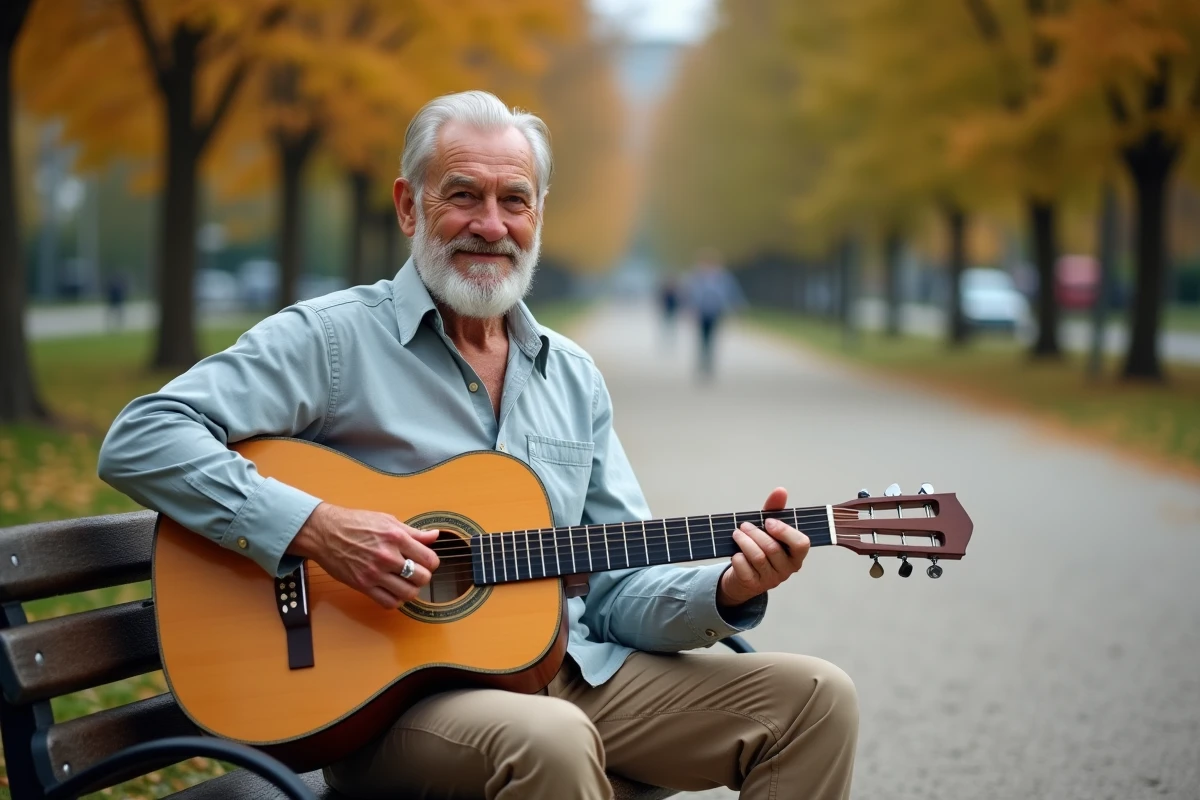 Homme retraité jouant de la guitare acoustique dans un parc en automne, atmosphère paisible et détendue