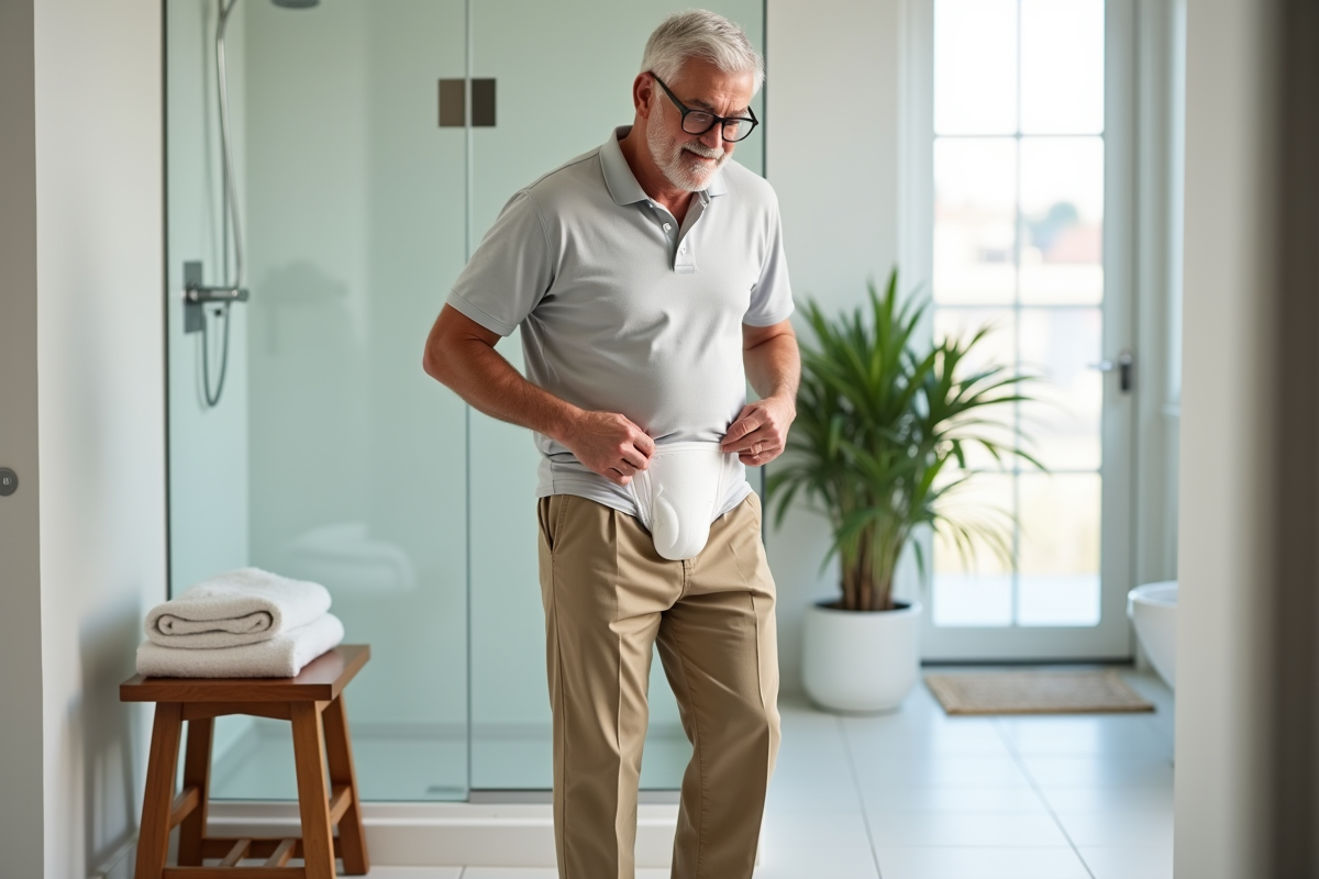 Homme en salle de bain ajustant une protection réutilisable