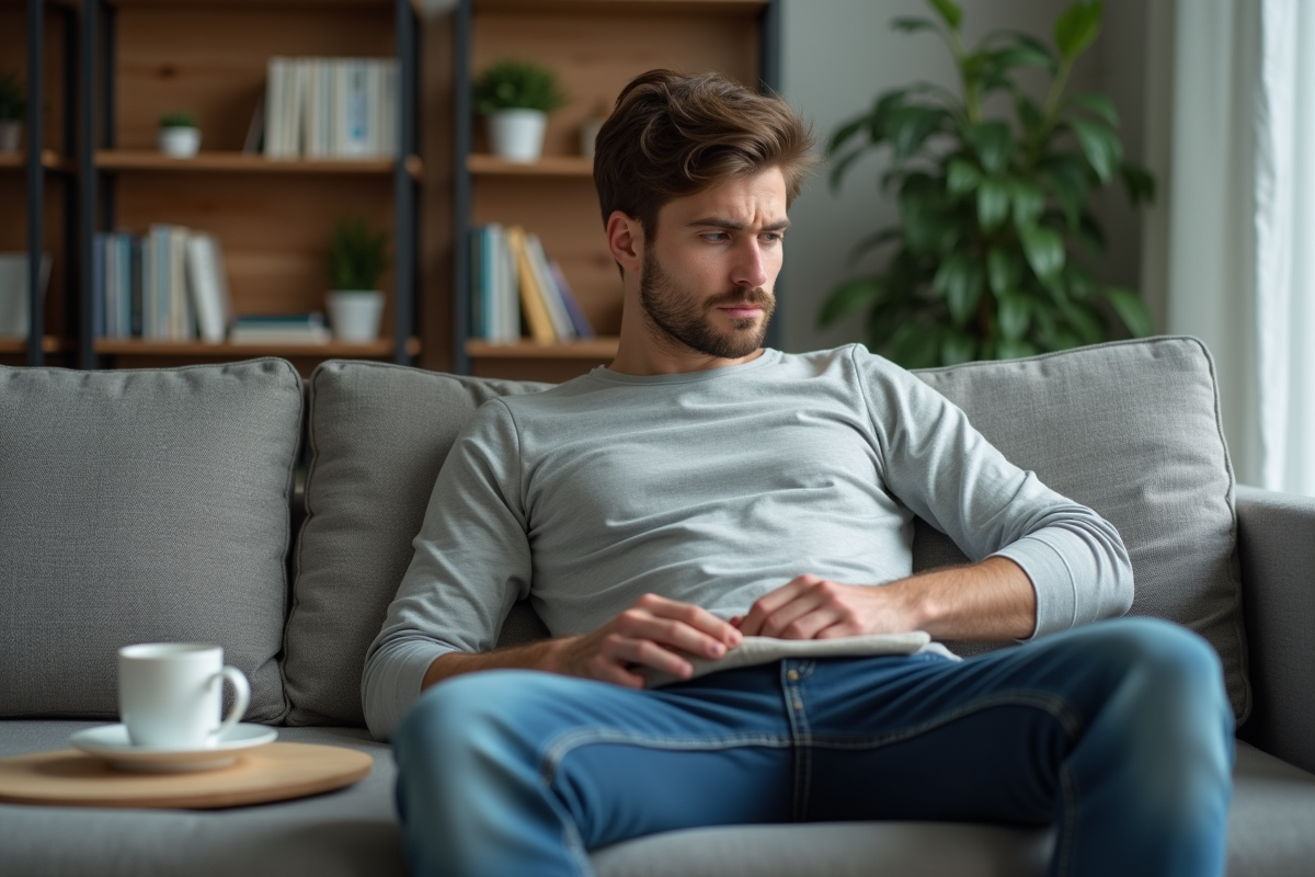 Jeune homme dans un salon avec un coussin chauffant