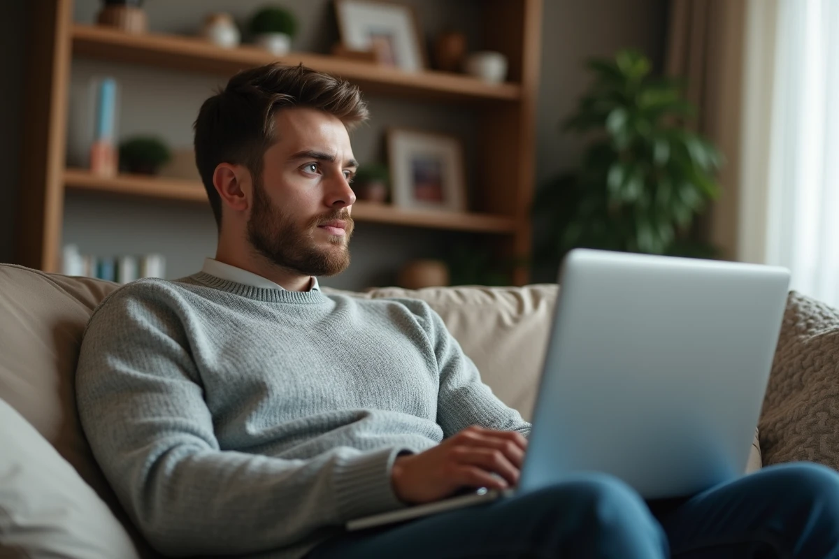 Jeune homme regardant son ordinateur avec un air interrogatif