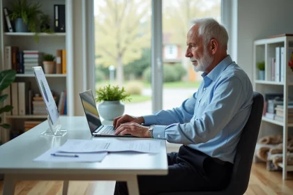 Homme senior en bureau moderne regardant un CV sur son ordinateur