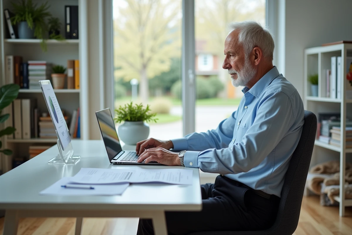 Homme senior en bureau moderne regardant un CV sur son ordinateur