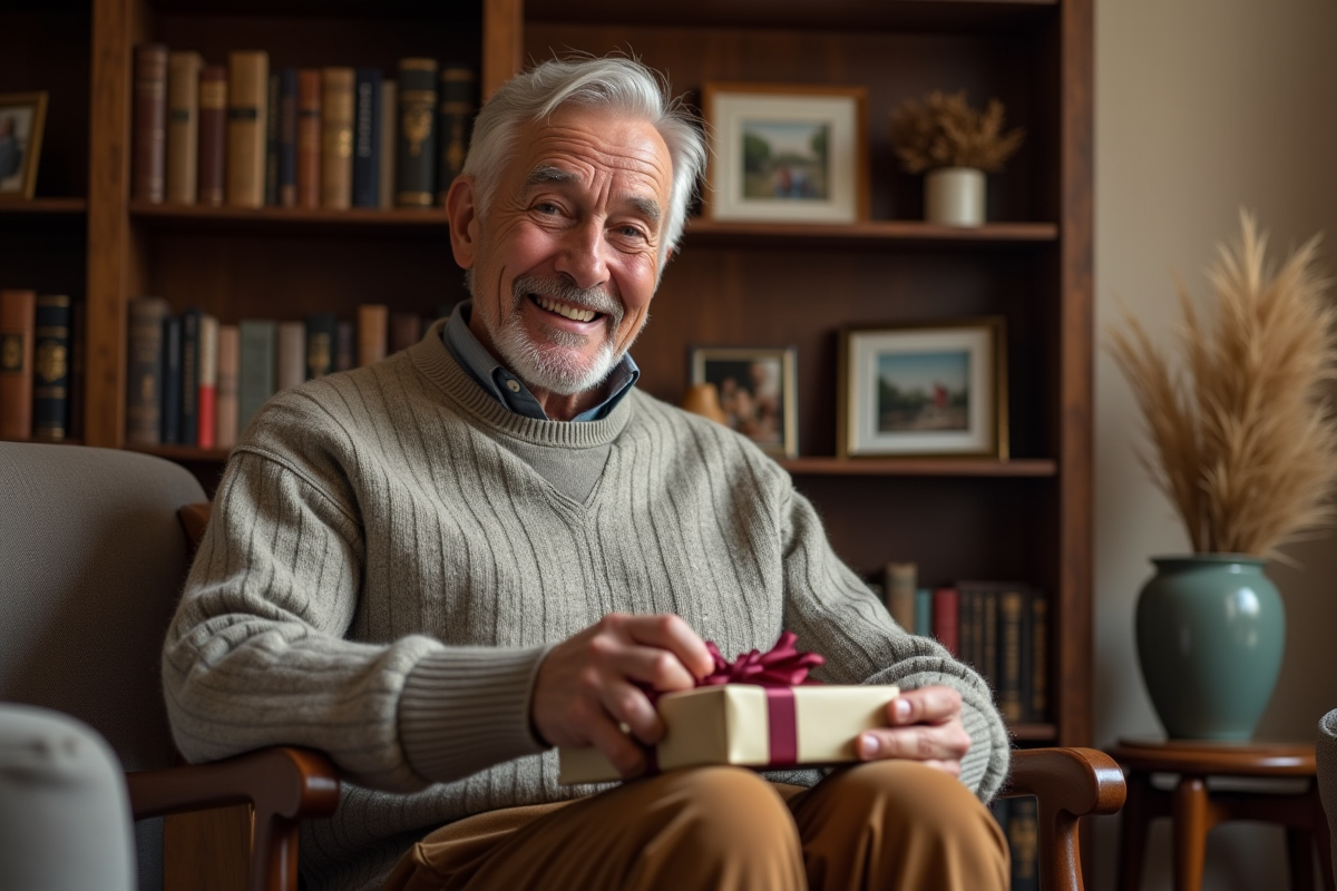 Homme senior souriant déballant un cadeau dans un salon chaleureux