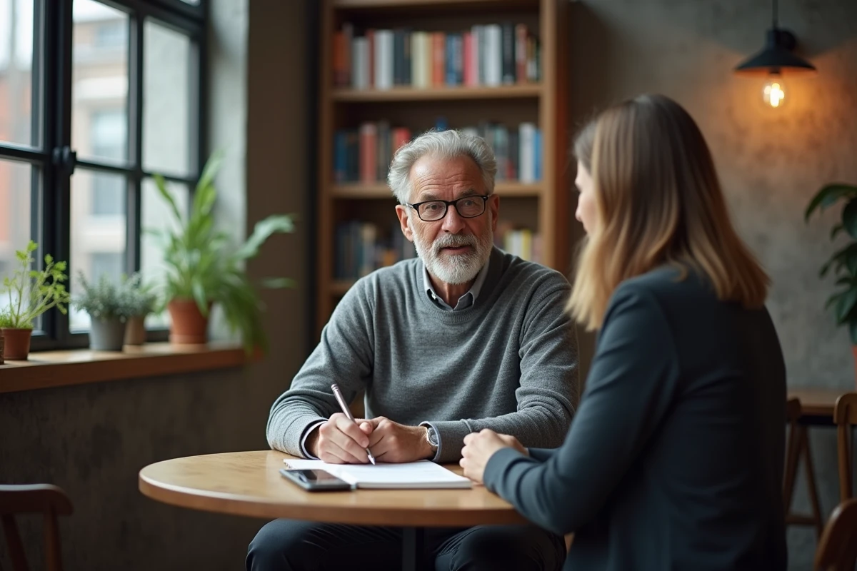 Homme senior en entretien de coaching pour reconversion professionnelle et recherche de CDI