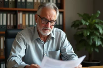 Homme senior consultant ses documents de retraite Agirc-Arrco à son bureau à domicile