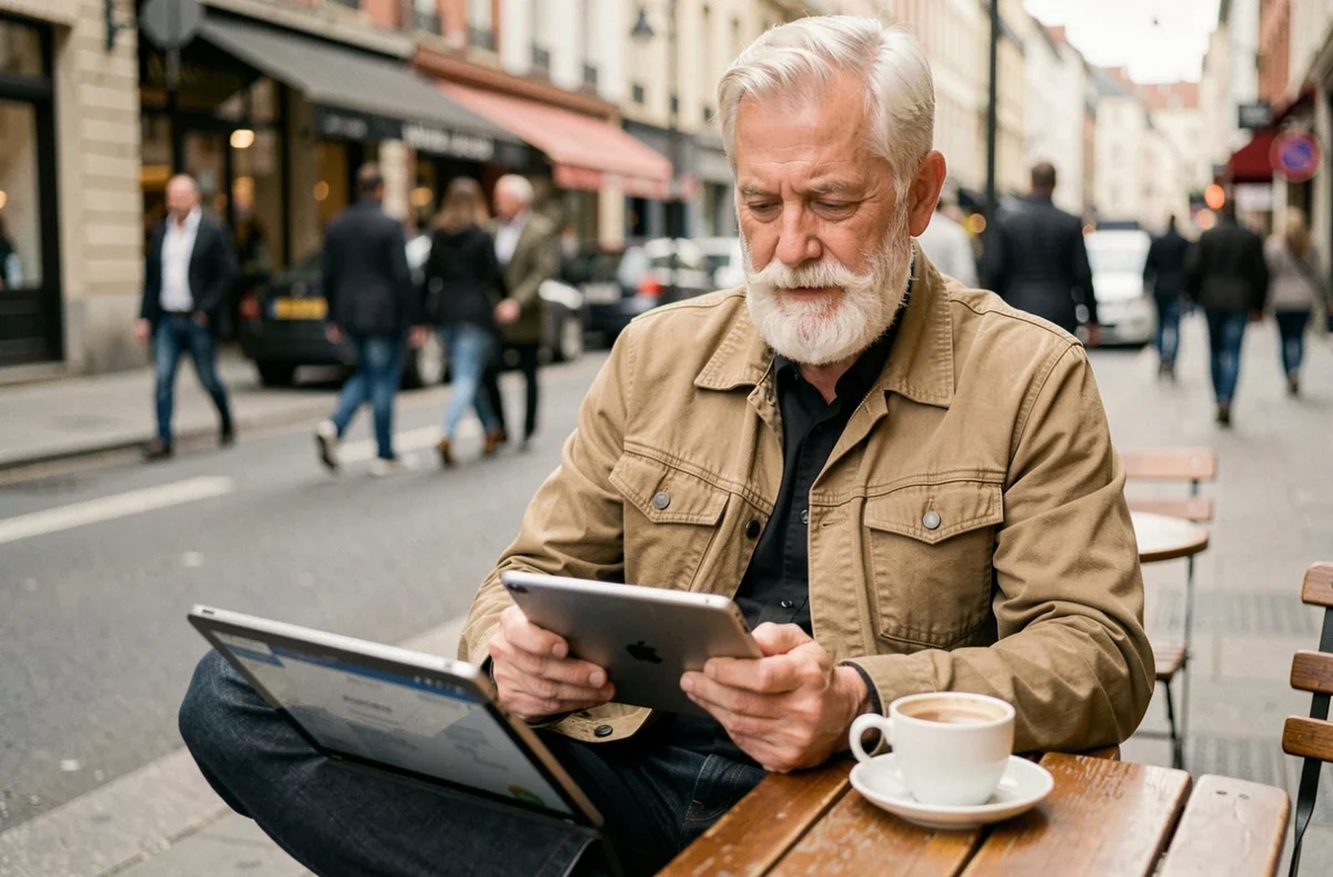 Homme senior retraité consultant des offres d'emploi sur une tablette en terrasse de café en ville
