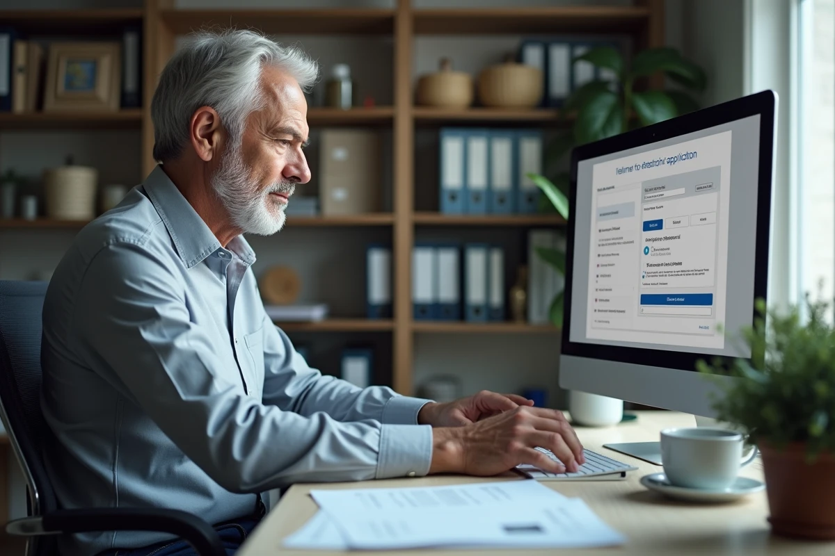 Homme senior consultant l'avancement de sa demande de retraite sur un ordinateur de bureau dans un bureau à domicile
