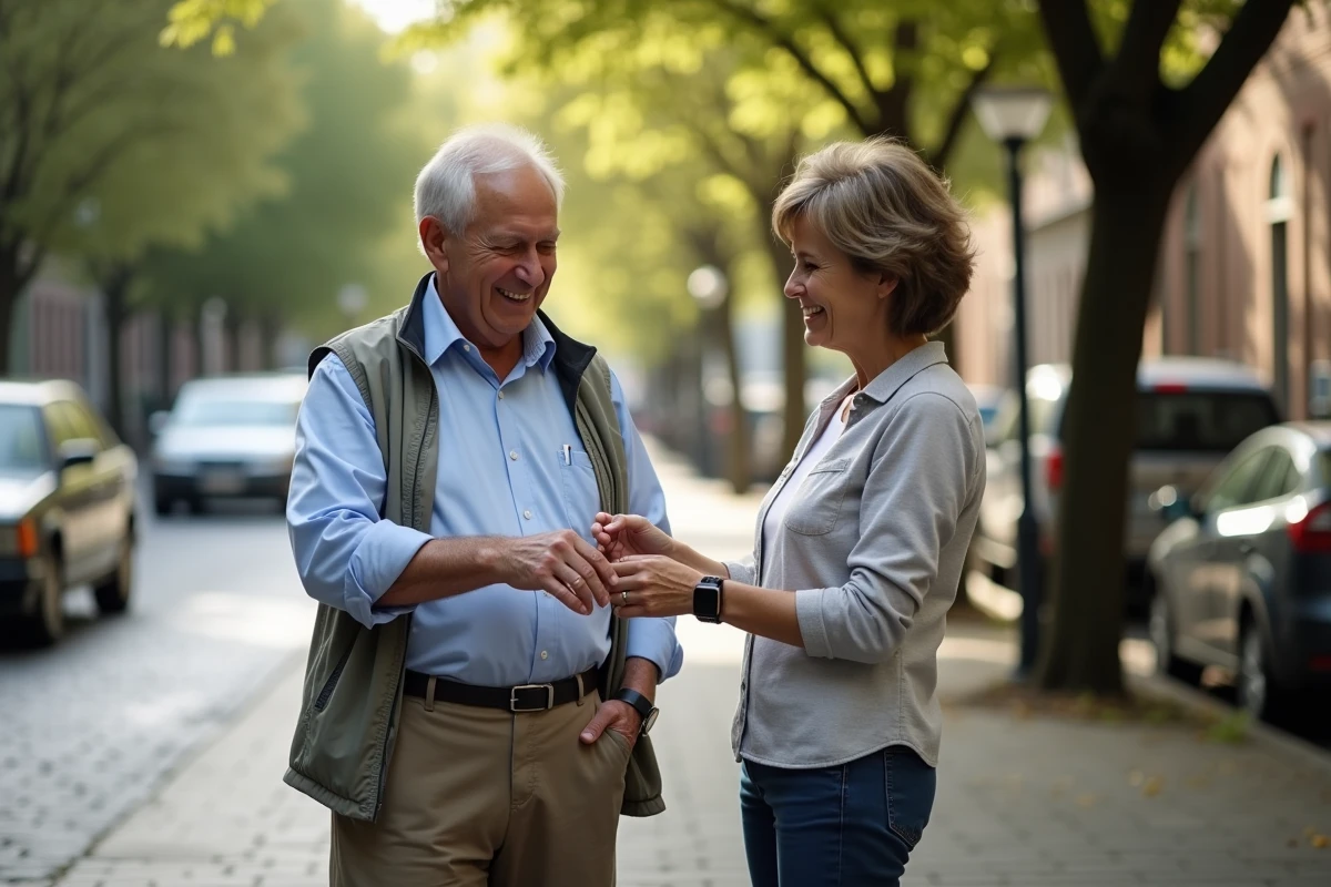 Homme âgé montrant sa montre de détection chute à un membre de la famille en ville
