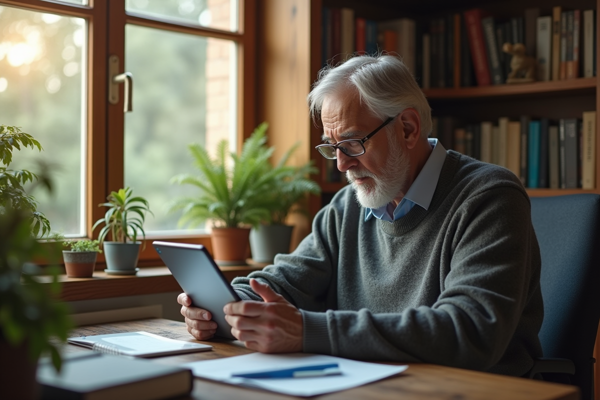 Homme retraité utilisant une application pension sur tablette