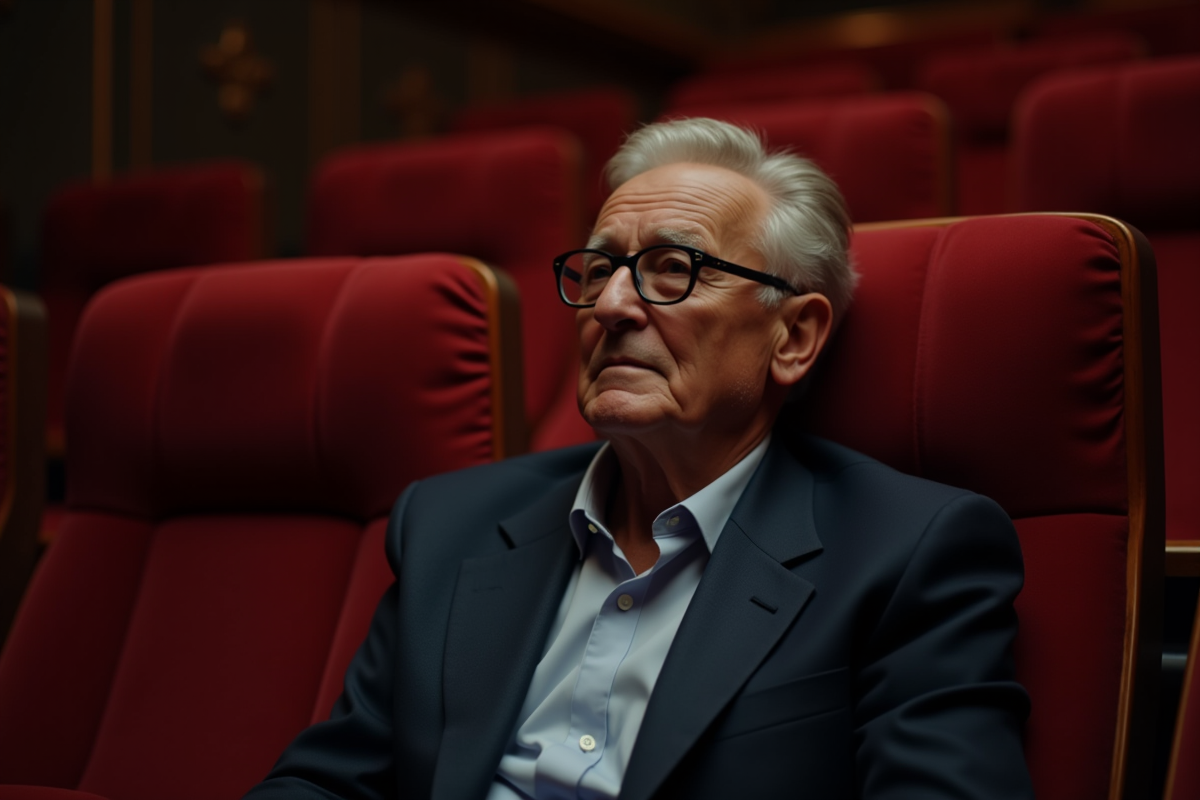 Homme élégant dans un cinéma ancien assis dans un fauteuil