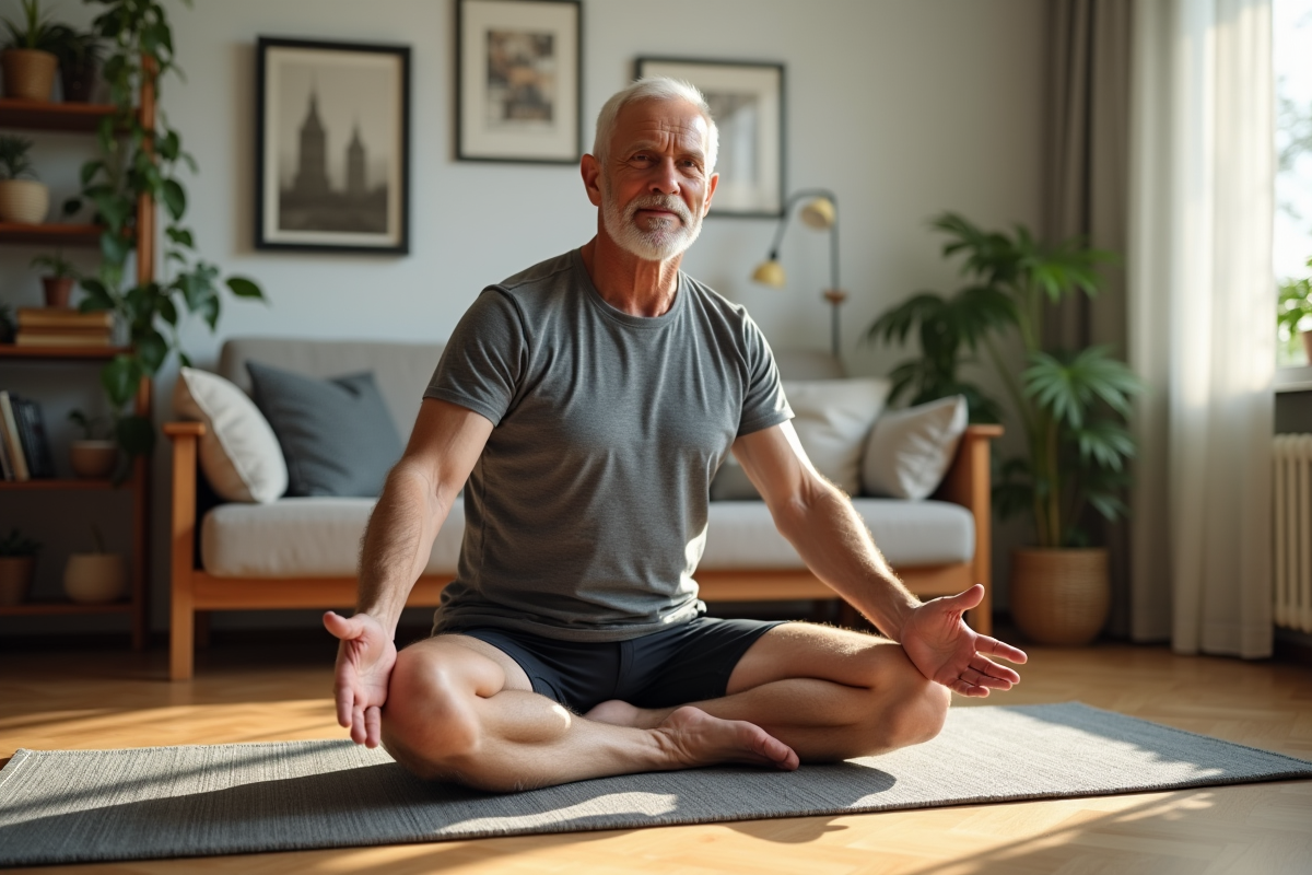 Homme de 60 ans faisant du yoga dans un salon lumineux