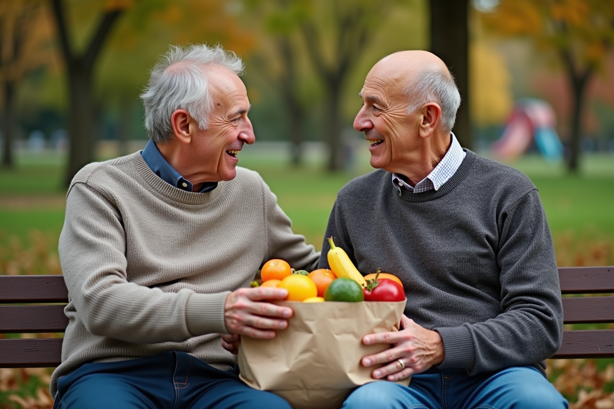 Deux hommes seniors discutant fruits sur un banc de parc
