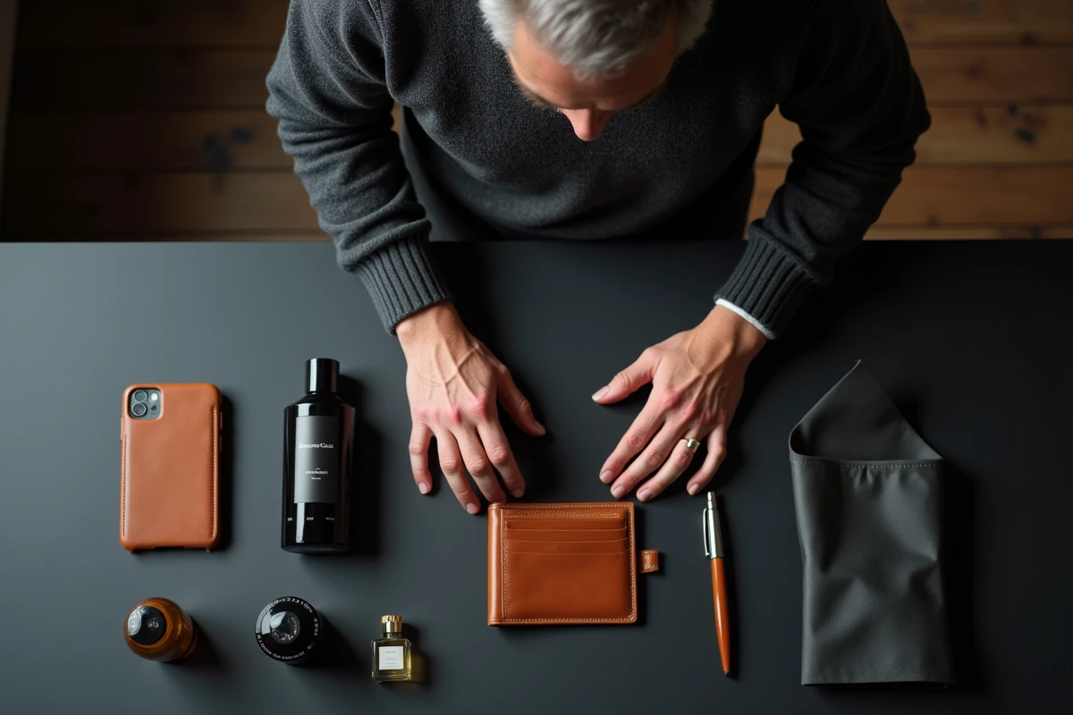 Idées cadeaux pour homme de 50 ans disposées en flat lay sur ardoise