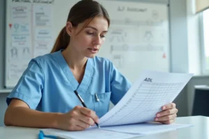 Infirmière en formation étudiant une grille de score ADL lors d'une session de formation clinique