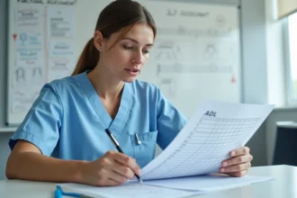 Infirmière en formation étudiant une grille de score ADL lors d'une session de formation clinique